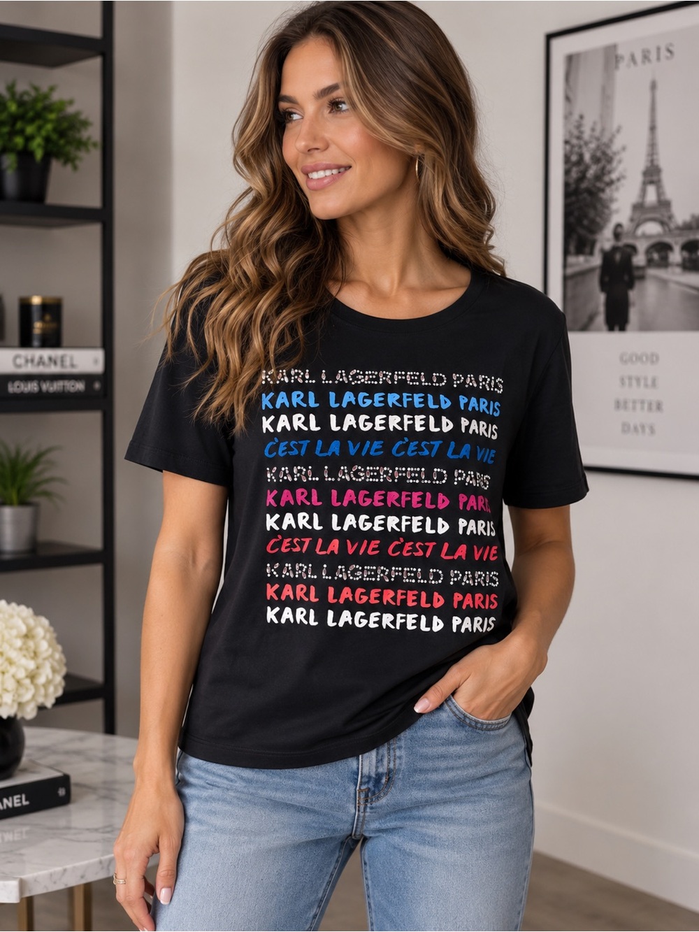 Karl Lagerfeld Paris Black Jeweled Rhinestone Cest La Vie Graphic Tee Y2K Glam